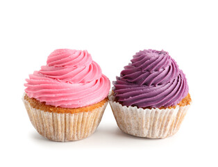 Tasty colorful cupcakes on white background
