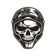 skull biker wearing helmet, vintage logo line art concept black and white color, hand drawn illustration