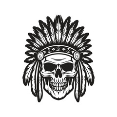 skull head indian, vintage logo line art concept black and white color, hand drawn illustration