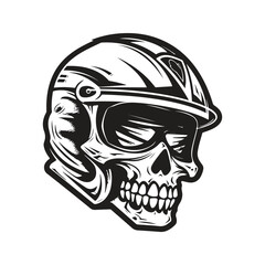 skull biker wearing helmet, vintage logo line art concept black and white color, hand drawn illustration