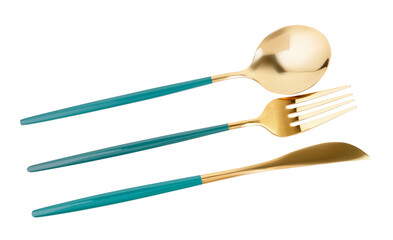 Golden cutlery with blue handle on white background