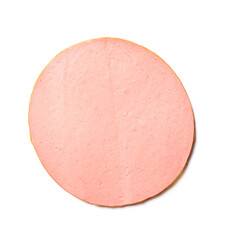 Slice of tasty boiled sausage on white background