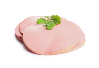 Slices of tasty boiled sausage on white background