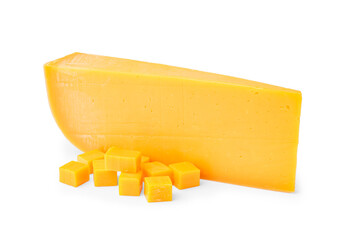 Pieces of tasty cheddar cheese on white background