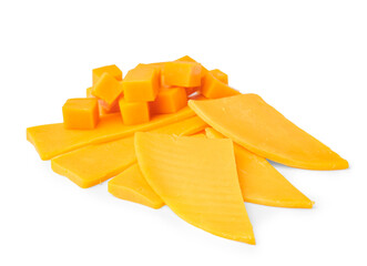 Fototapeta premium Pieces of tasty cheddar cheese on white background