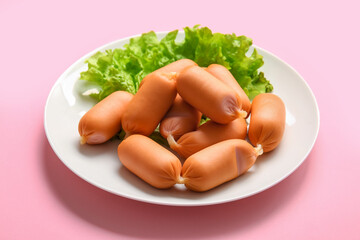 Plate of tasty boiled sausages with lettuce on pink background