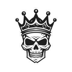 skull head with crown, vintage logo line art concept black and white color, hand drawn illustration
