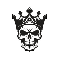 skull head with crown, vintage logo line art concept black and white color, hand drawn illustration