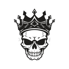 skull head with crown, vintage logo line art concept black and white color, hand drawn illustration