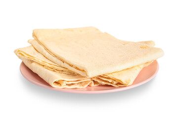 Plate with fresh thin lavash on white background