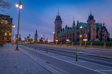 Fototapeta na wymiar Ottawa's Parliament Hill seen from Wellington Street