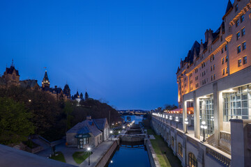 Fototapeta na wymiar Ottawa Rideau Canal Locks between Parliament Hill and Chateau Laurier