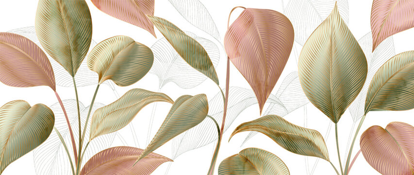 Art background with tropical leaves in green and pink color with golden elements in line style. Banner with exotic plants for decoration, print, textile, wallpaper, interior design.