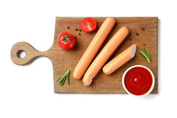 Board with tasty sausages and tomatoes on white background