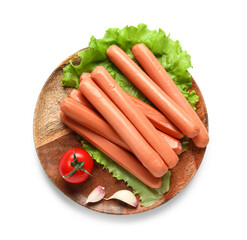 Plate with tasty sausages and lettuce on white background