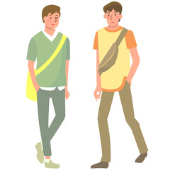 夏のファッションで歩く若い男性たち