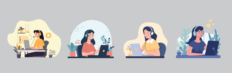 Set of freelance people working remotely vector flat illustration. Collection of man and woman use computer or laptop at comfortable workplace isolated on white.