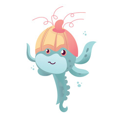 Happy and funny sea cartoon octopus monster swimming and looking on light background. Flat vector illustration for children.