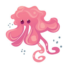 Happy and funny sea cartoon octopus monster swimming and looking on light background. Flat vector illustration for children.