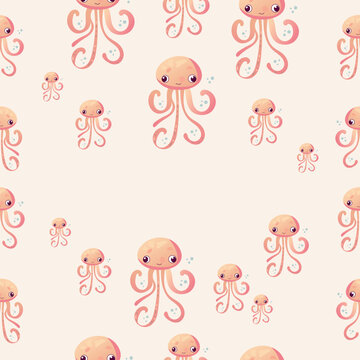 Happy and funny sea cartoon octopus monster swimming and looking on light background. Flat vector illustration for children.Vector illustration for children
