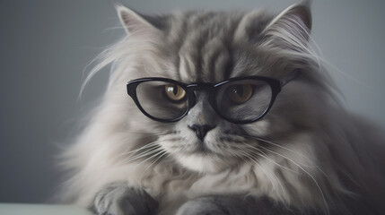 Cat with a cute fur and glasses. Cats on a solid white background. Pretty cats with glasses and high quality. Images generated by AI.