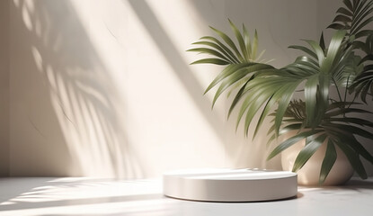 Blank minimal white counter podium, soft beautiful dappled sunlight, tropical palm foliage leaf shadow on wall for luxury hygiene organic cosmetic. Generative AI