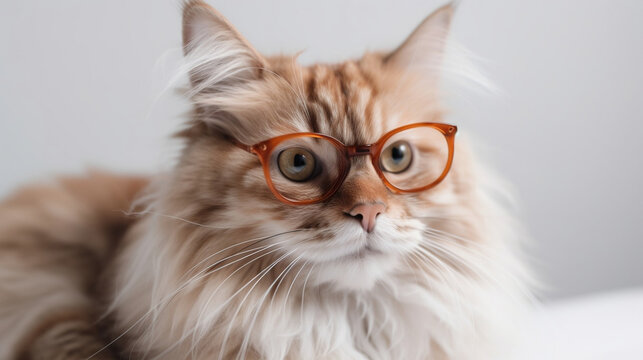 Cat with a cute fur and glasses. Cats on a solid white background. Pretty cats with glasses and high quality. Images generated by AI.