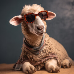Cute little funny sheep wearing sunglasses in front of studio background. Generative AI