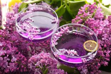Composition with glasses of cocktail and beautiful lilac flowers, closeup