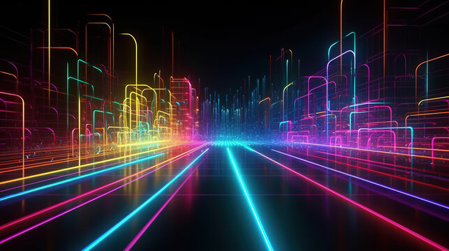 3d Render, Abstract Neon Background. Colorful Glowing Lines. Digital Data Transfer. Futuristic Wallpaper. Generative AI