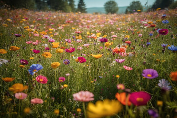 Colorful flower meadow in spring. Generative AI