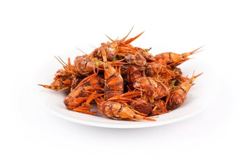 Obraz premium A plate of fried locusts isolated on a white background. Generative AI