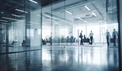 Fototapeta na wymiar Blurred business people in white glass office background. Generative AI