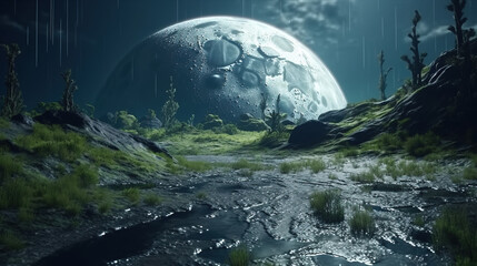 Rainy weather on an alien world with green plants. Terraforming extraterrestrial planets. Digital illustration.