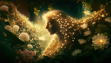 Beautiful female spirit of nature with golden flowers and sparkles in her long hair. Harmony with nature.