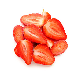 Slices of fresh strawberries on white background