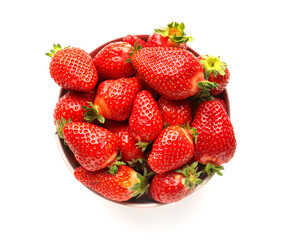 Bowl with fresh strawberries on white background