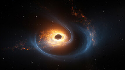 Hot glowing plasma orbiting a black hole in space. Digital illustration.