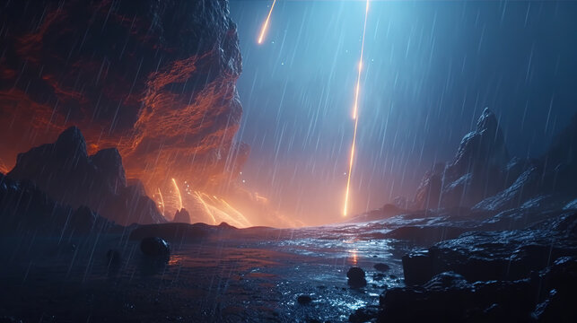 Dark rocky alien world with volcanic terrain, fiery rain, and hazy blue atmosphere. Exoplanet exploration. Digital illustration.