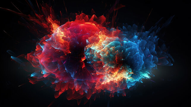 Red and blue particles colliding and merging in a powerful burst of light and color.
