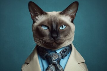 Anthropomorphic cat Siamese dressed in a suit like a businessman. business concept. AI generated, human enhanced