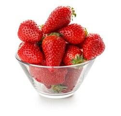 Glass bowl with fresh strawberries on white background