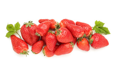 Heap of fresh strawberries with leaves on white background
