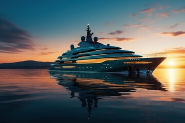 Fototapeta na wymiar Luxury yacht at sunrise or sunset in a bay near the coast. AI generated, human enhanced.