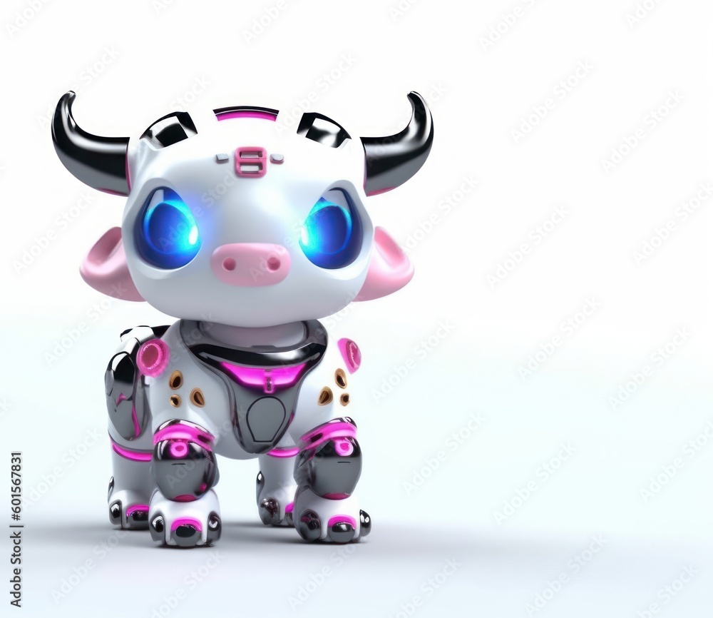 Poster bull white background cybernetic robot toy with copy space generative ai