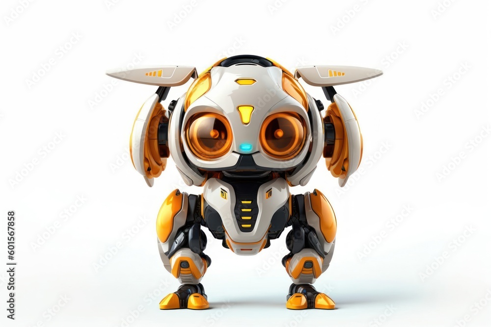 Poster bumble bee white backgroundrobot toy and copy space generative ai
