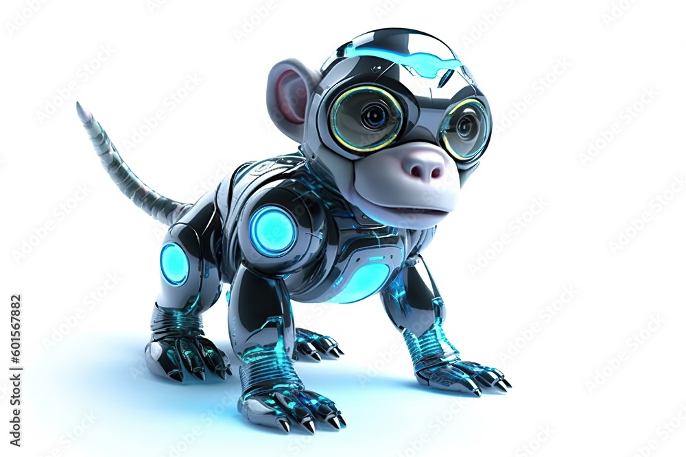 Poster chimpanzee white background cyber robot toy and copyspace generative ai