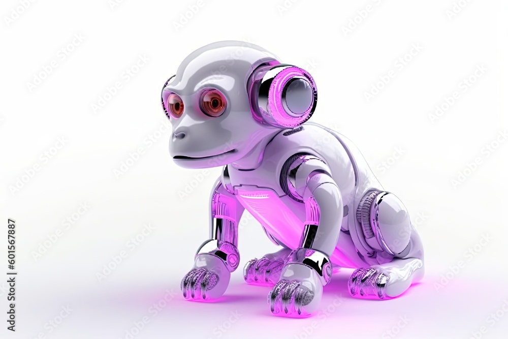 Poster chimpanzee white background cybernetic robot pet and copy space generative ai