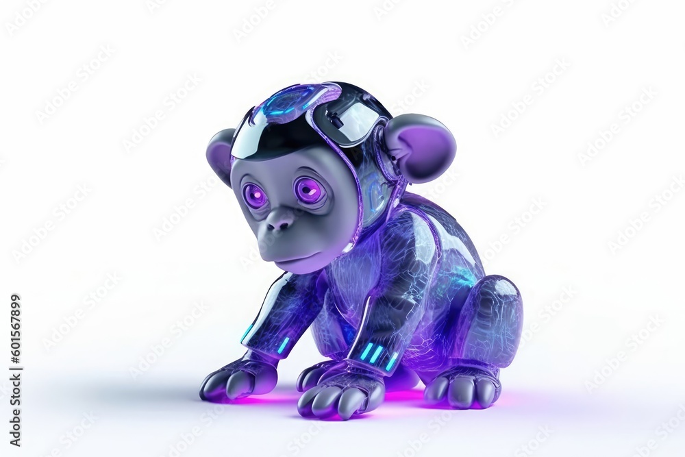 Poster chimpanzee white background cybernetic robot toy and copy space generative ai