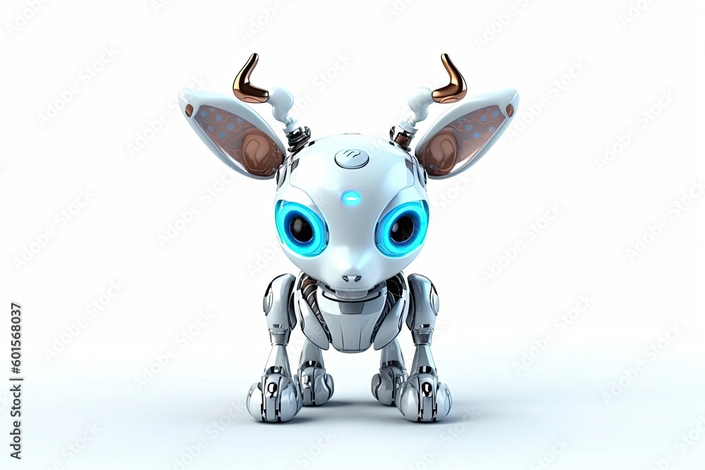 Poster deer white background cybernetic robot toy with copy space generative ai